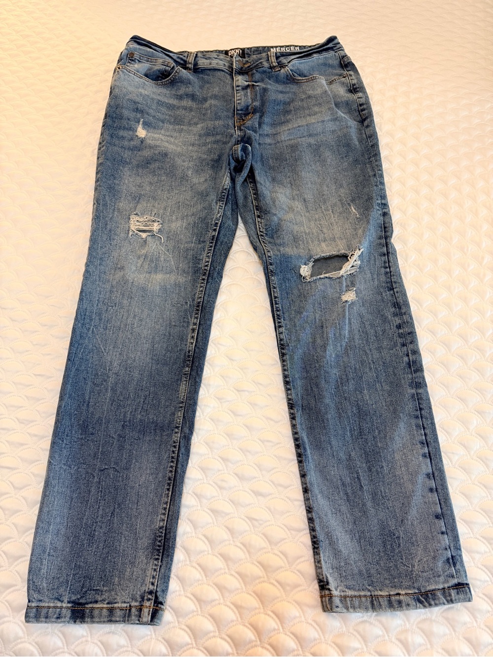 DKNY Men’s Distressed Boyfriend Jeans in Medium Blue Wash